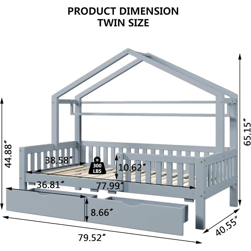 Twin Size House Bed with Storage Drawers &amp; Shel