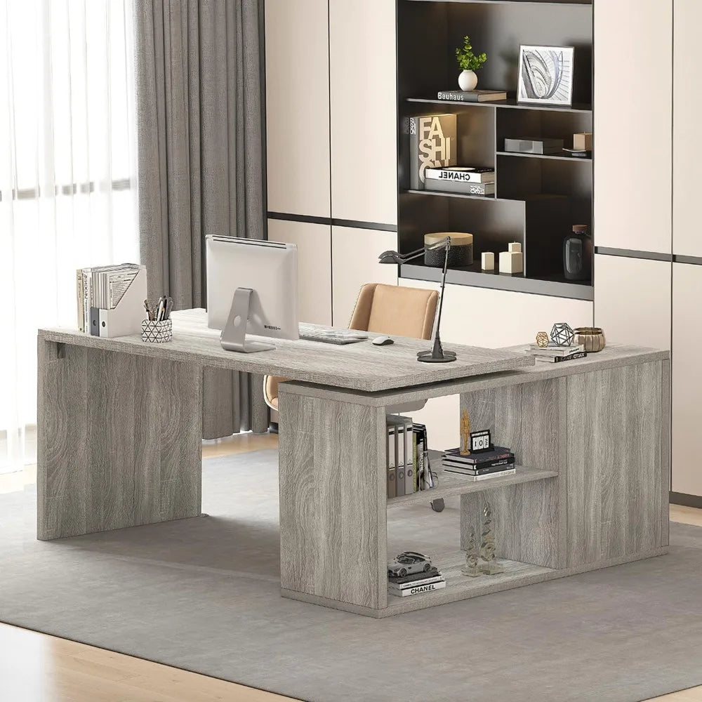 Corner Desk with Storage Shelves in Four Sleek Finishes