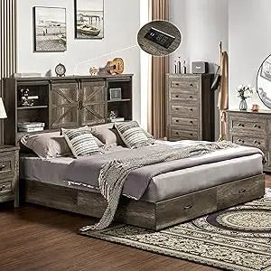 Queen Size Wooden Platform Storage Bed with Storage and Charging Station