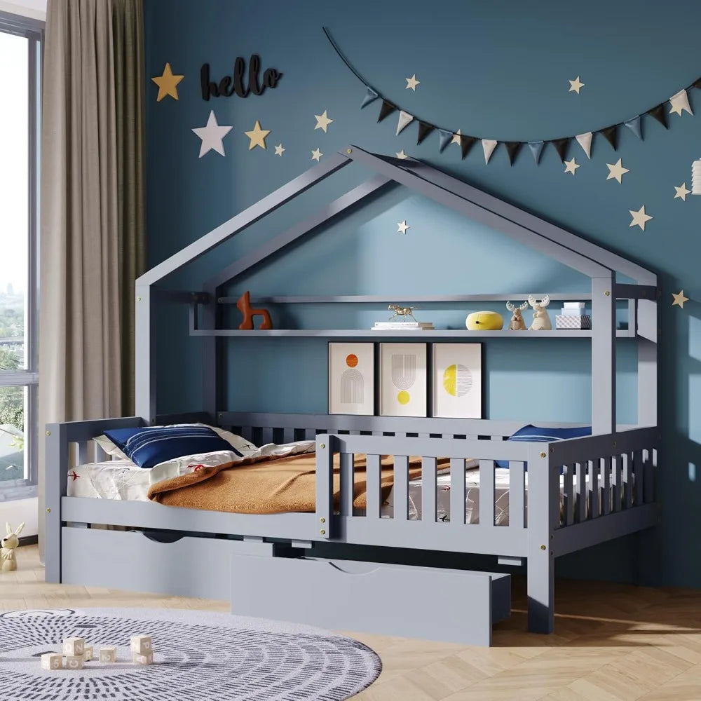 Twin Size House Bed with Storage Drawers &amp; Shel