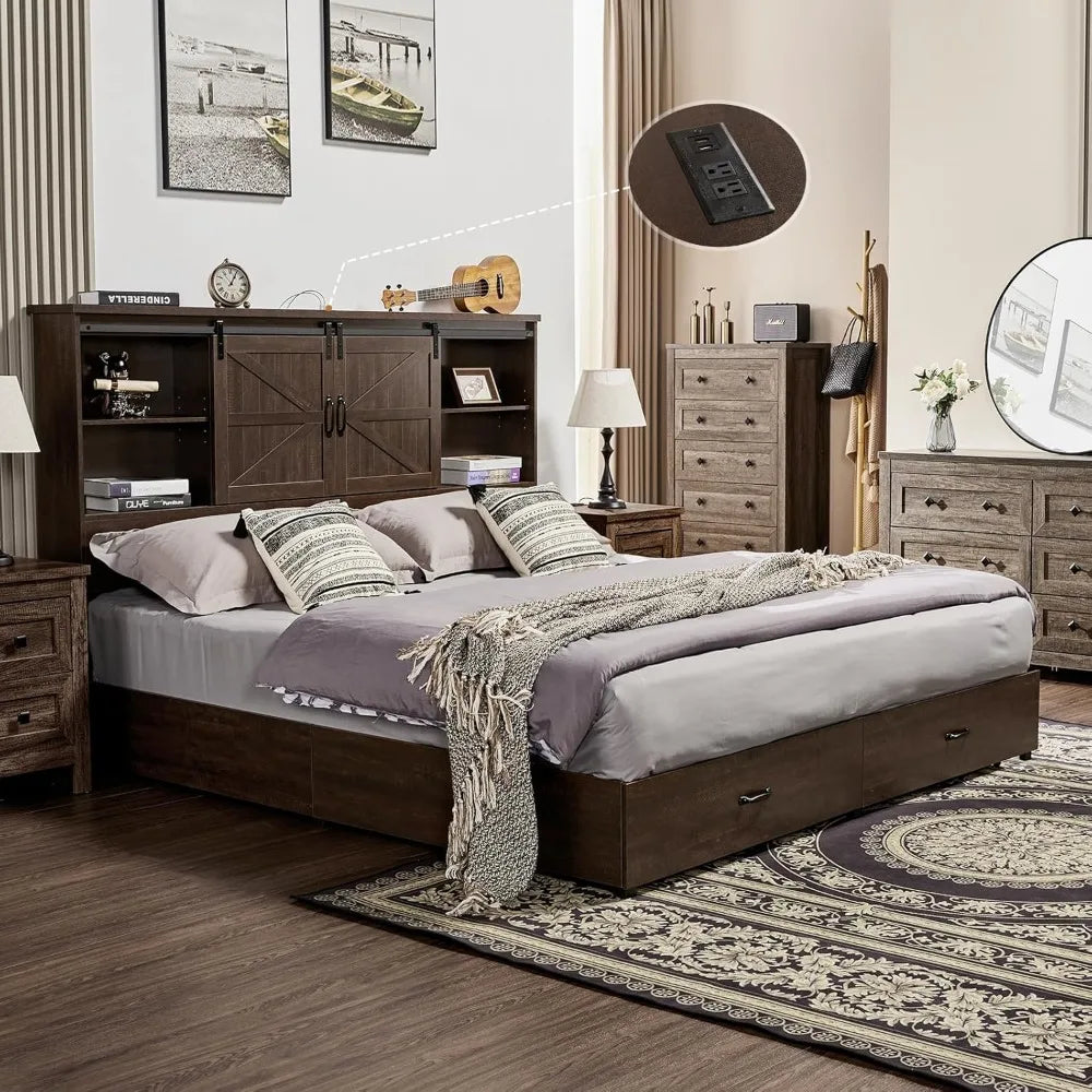 Queen Size Wooden Platform Storage Bed with Storage and Charging Station